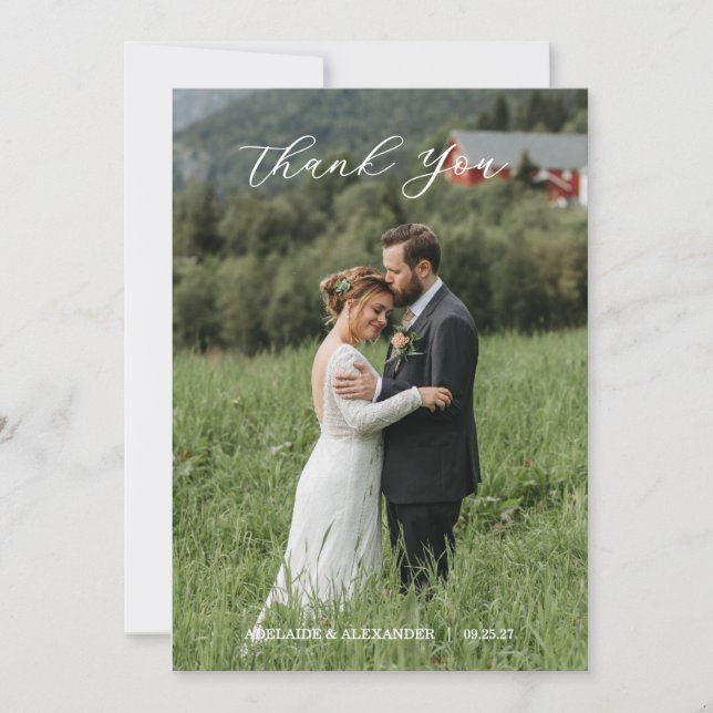 Modern Script Photo Wedding Thank You Card (Front)