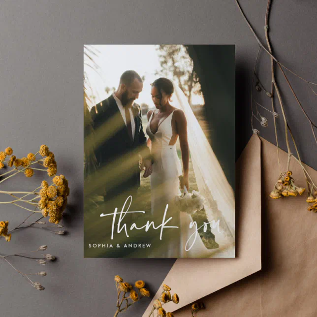 Modern Script Photo Wedding Thank You Postcard | Zazzle