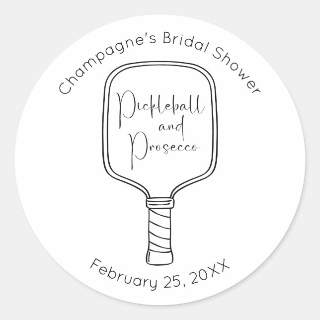 Modern Script Pickleball & Prosecco Bridal Shower Classic Round Sticker (Front)
