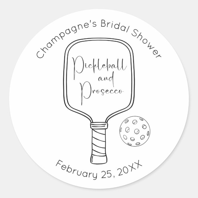 Modern Script Pickleball & Prosecco Bridal Shower Classic Round Sticker (Front)