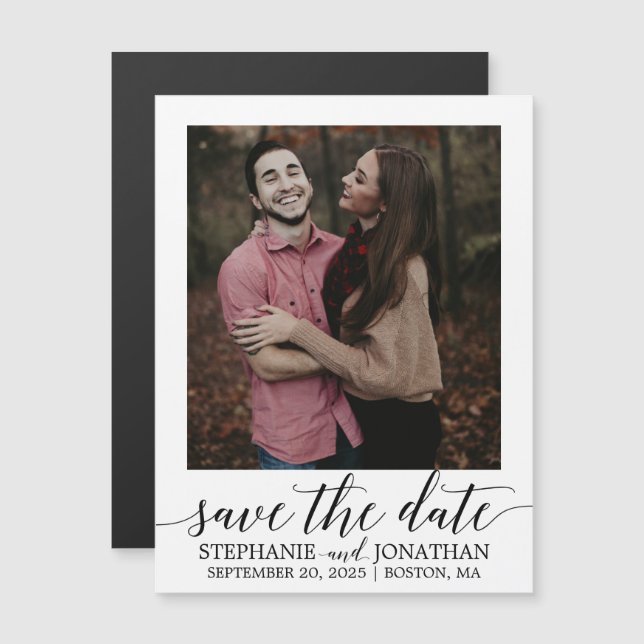 Modern Script Picture Save The Date Magnets Black (Front/Back)