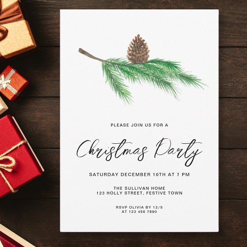 Modern Script Pine Cone Christmas Party Invitation