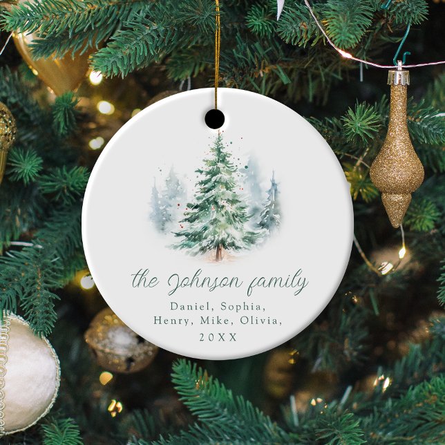 Modern Script Pine Tree Family Christmas  Ceramic Ornament (Modern Script Pine Tree Family Christmas Ceramic Ornament)