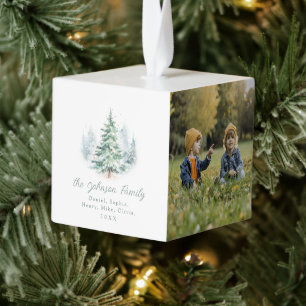 Modern Script Pine Tree Family Christmas Cube Ornament