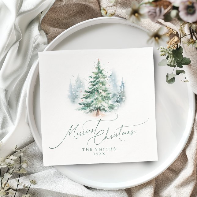 Modern Script Pine Tree Merriest Christmas Napkins (Modern Script Pine Tree Merriest Christmas Napkins)