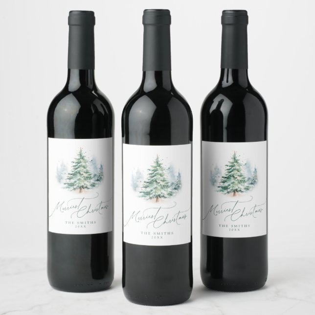 Modern Script Pine Tree Merriest Christmas Wine Label (Bottles)