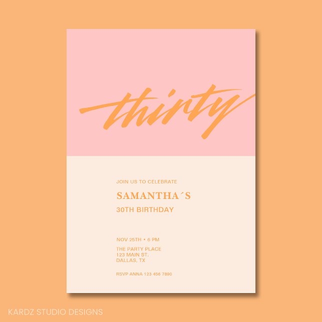 Modern Script Pink 30th Birthday Party Invitation (30th Birthday Party Invitation in blush pink and cream with modern script typography)