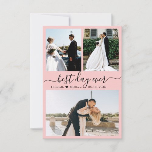 Modern Script Pink 3 Photo Collage Wedding Thank You Card