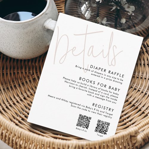Modern Script Pink Baby Shower Details 2 QR Codes
