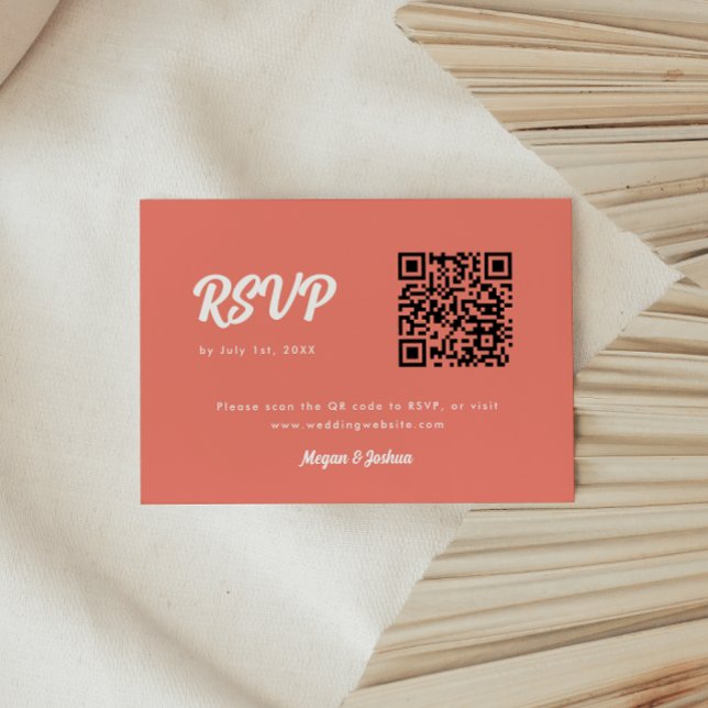 Modern Script Pink Coral QR Code Wedding RSVP Card (Creator Uploaded)