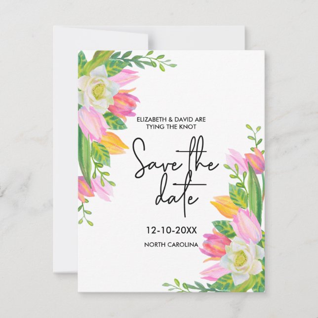 Modern Script Pink Floral Wedding Save the Date Invitation (Front)