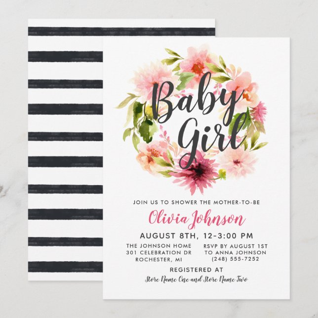 Modern Script Pink Floral Wreath Baby Girl Shower Invitation (Front/Back)