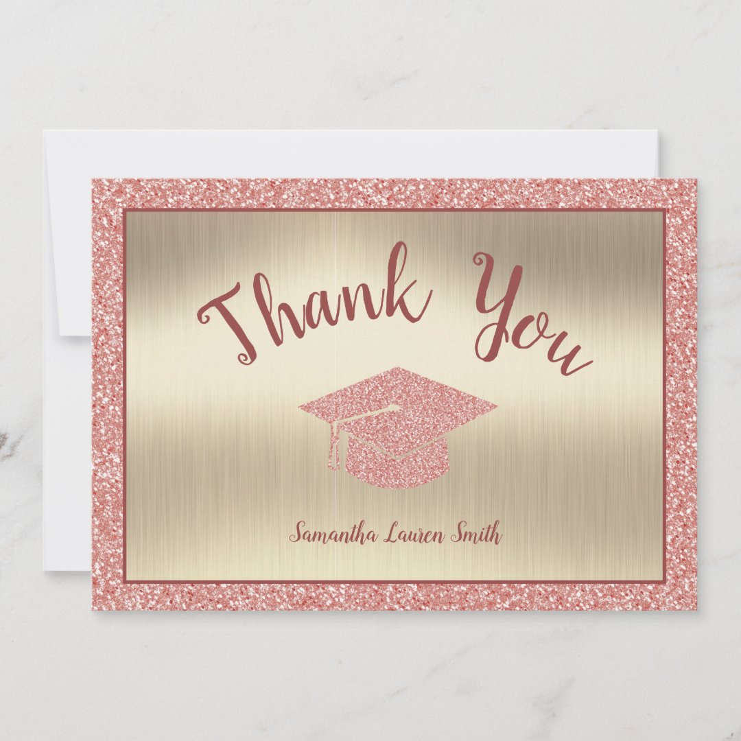 Modern Script Pink Glitter Gold Graduation Thank You Card | Zazzle