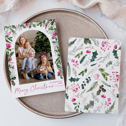 Modern Script Pink Greenery Arch 1 Photo Christmas Holiday Card