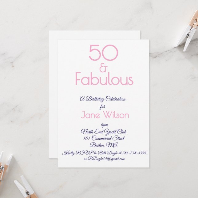 Modern Script Pink Navy 50 Fabulous Birthday  Invitation (Front/Back In Situ)