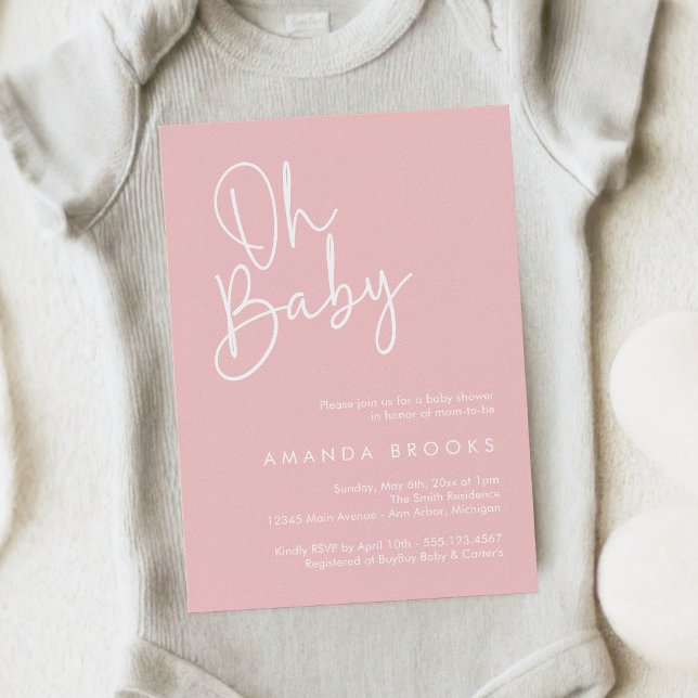 Modern Script Pink Oh Baby Simple Baby Shower Invitation (Creator Uploaded)