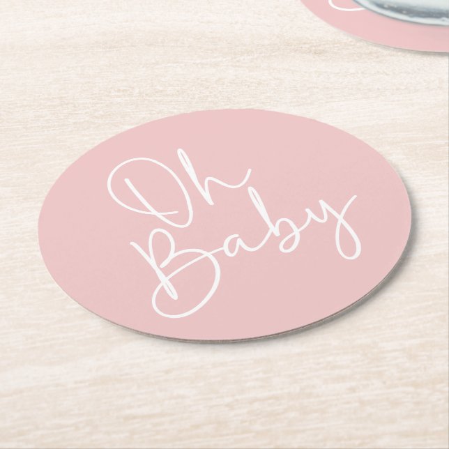 Modern Script Pink Oh Baby Simple Baby Shower Round Paper Coaster (Angled)