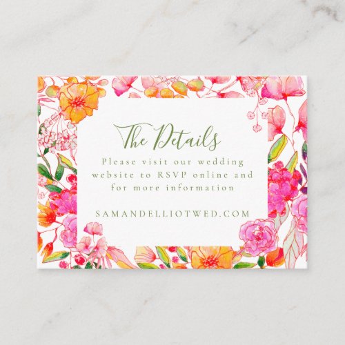 Modern Script Pink Orange Flowers Wedding Details Enclosure Card