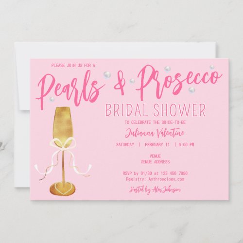 Modern Script Pink Pearls  Prosecco Bridal Shower Invitation
