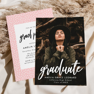 Modern Script Pink Photo Graduation Party Invitation