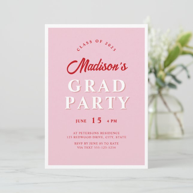 Modern Script Pink Red Edgy Graduation Party Photo Invitation (Standing Front)