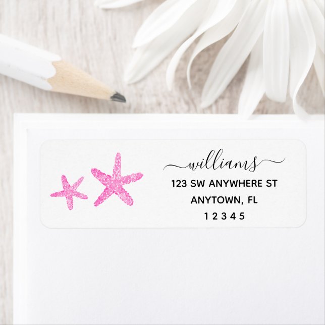 Modern Script Pink Starfish Return Address Label (Insitu)