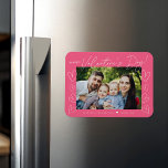 Modern Script Pink Valentine's Day Photo Magnet<br><div class="desc">Modern Valentine's day magnet featuring "Happy Valentine's Day" in a trendy white script with hand-drawn hearts along the sides of the design on a pink background. Your horizontal photo is displayed near the middle of the design. Personalize the Valentine's Day photo magnet by adding your name and the year in...</div>
