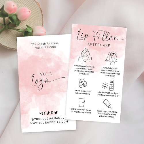Modern Script Pink Watercolor Lip Filler Aftercare Business Card