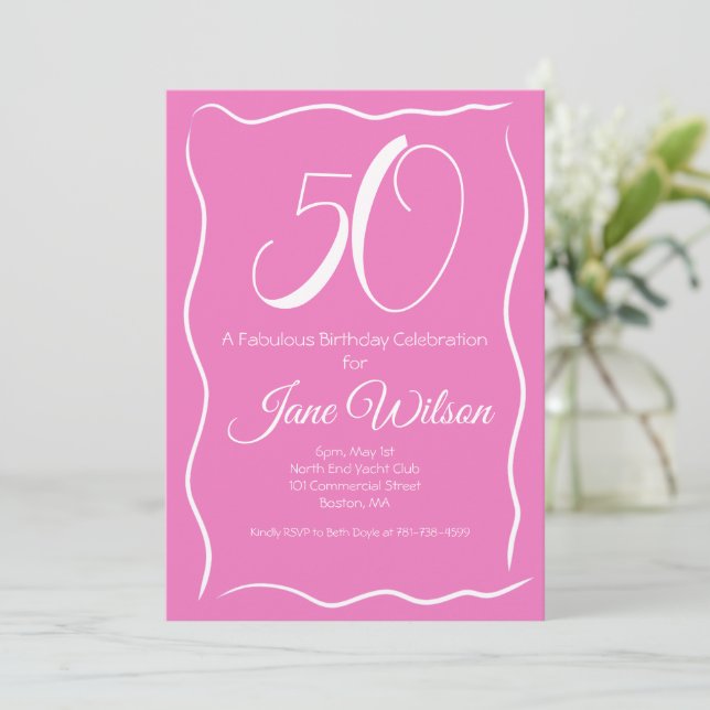 Modern Script Pink White 50th Birthday  Invitation (Standing Front)