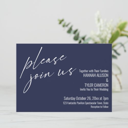Modern Script Please Join Us Navy Blue Wedding Invitation