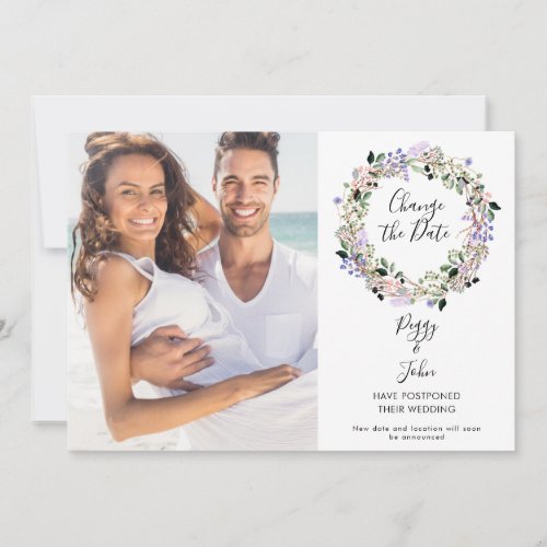 Modern Script Postponed Floral Garland Photo Save The Date