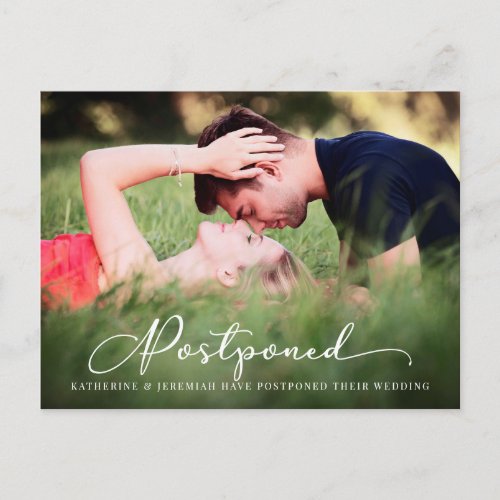 Modern Script Postponed Wedding Announcement Postcard