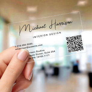 Modern Script Professional QR Code Clear Business Cards