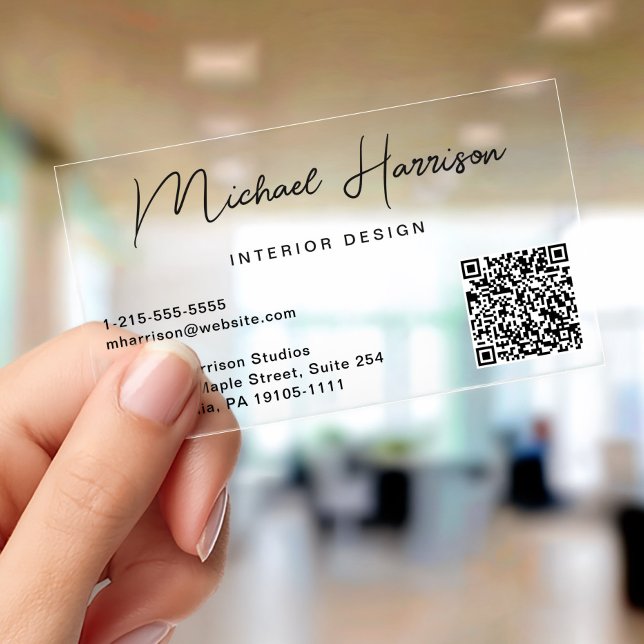 Modern Script Professional QR Code Clear Business Cards (Modern Script Professional QR Code Clear Business Cards)