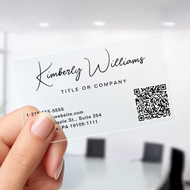 Modern Script Professional QR Code Clear Business Cards (Modern Signature Script QR Code Silver Clear Business Cards)