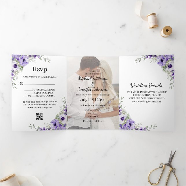 modern script purple floral photo wedding stylish Tri-Fold invitation (Inside)
