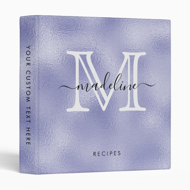 Modern Script Purple Foil Monogram Kitchen 3 Ring Binder (Front/Spine)