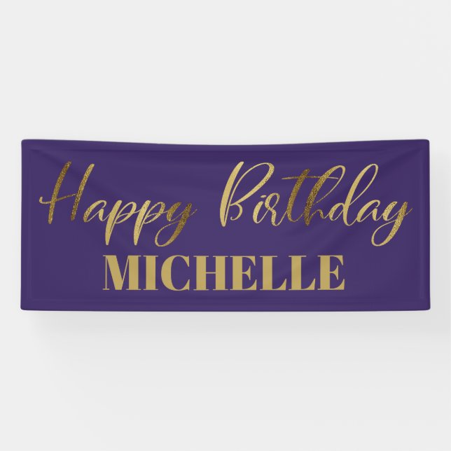 Modern Script Purple Gold Happy Birthday Banner (Horizontal)