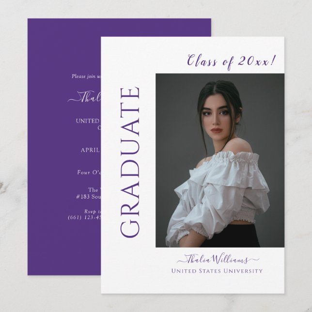Modern Script Purple Photo Graduation Invitation (Front/Back)