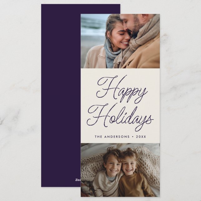 Modern Script Purple Two Photo Tall Christmas Holiday Card (Front/Back)