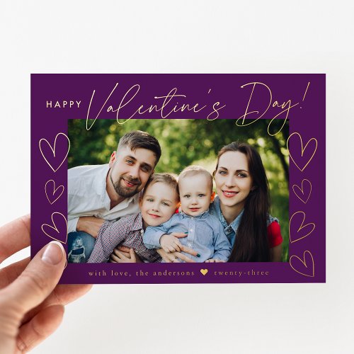 Modern Script Purple Valentines Day Photo Foil Holiday Card