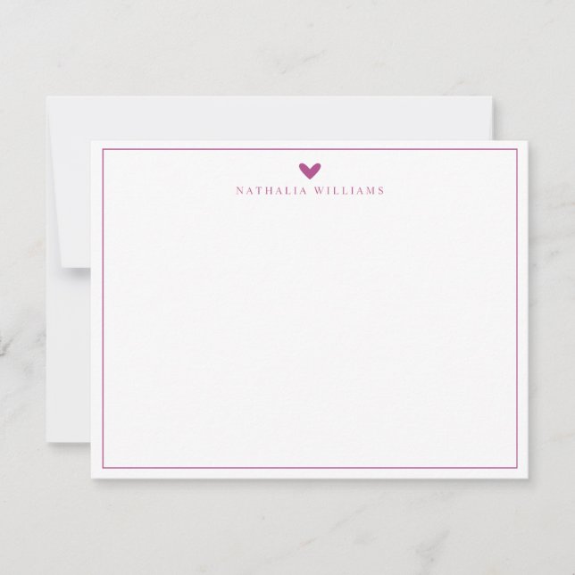 Modern Script Purple Violet Heart Border Monogram Note Card (Front)