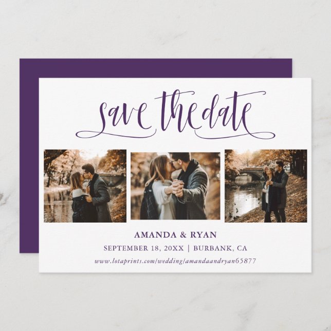 Modern Script Purple Wedding Photo Save The Date (Front/Back)