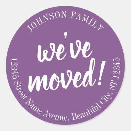 Modern Script Purple Weve Moved New Address Classic Round Sticker