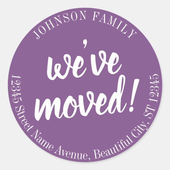 Modern Script Purple We've Moved New Address Classic Round Sticker (Front)