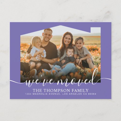 Modern Script Purple Weve Moved Photo Moving Announcement Postcard