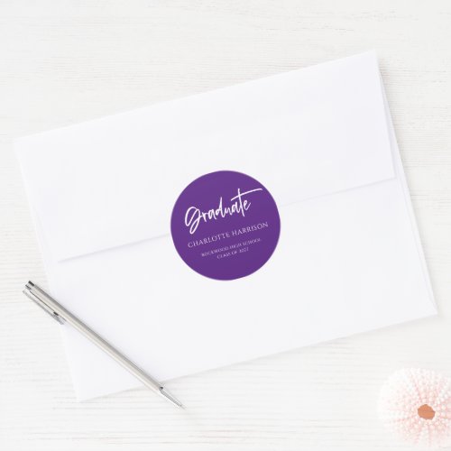 Modern Script Purple White Graduation Classic Round Sticker