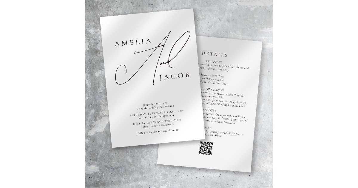 Answer Booklet Script Qr Code Photo Modern Script QR Code All in One Wedding Invitation | Zazzle