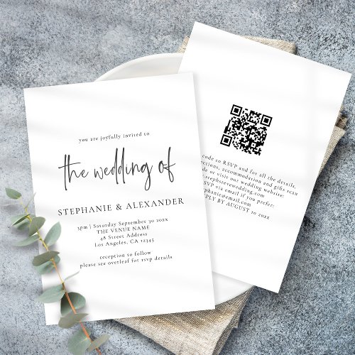 Modern Script QR Code Black and White Wedding Invitation