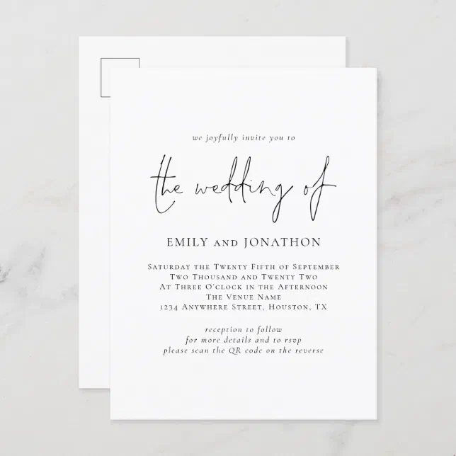 Modern Script QR Code Black and White Wedding Invitation Postcard | Zazzle